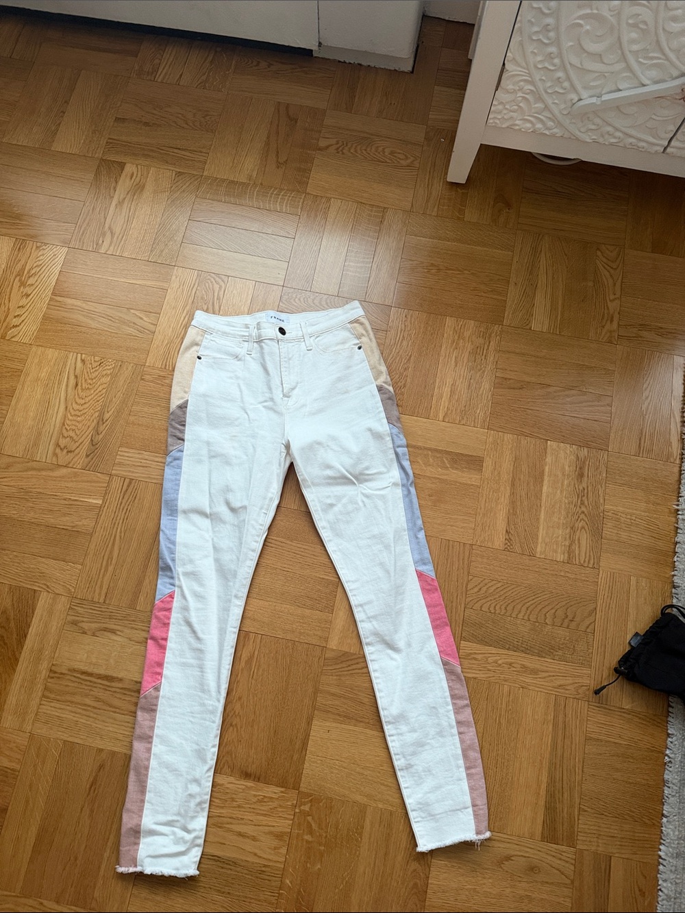 Frame Denim White Skinny Jeans with Pink, Blue & Tan Side Panels
